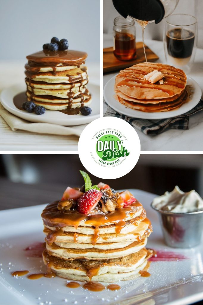 Three fluffy golden pancakes topped with melting butter and drizzled maple syrup, served on a white plate.